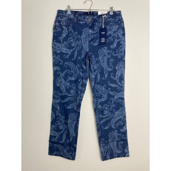 Charter Club Straight Leg Jeans 14W Plus Blue Paisley Print Lexington Stretchy - Picture 2 of 11